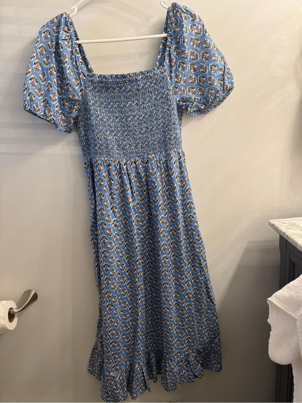 J. Crew Light Blue Floral Smocked Midi Dress